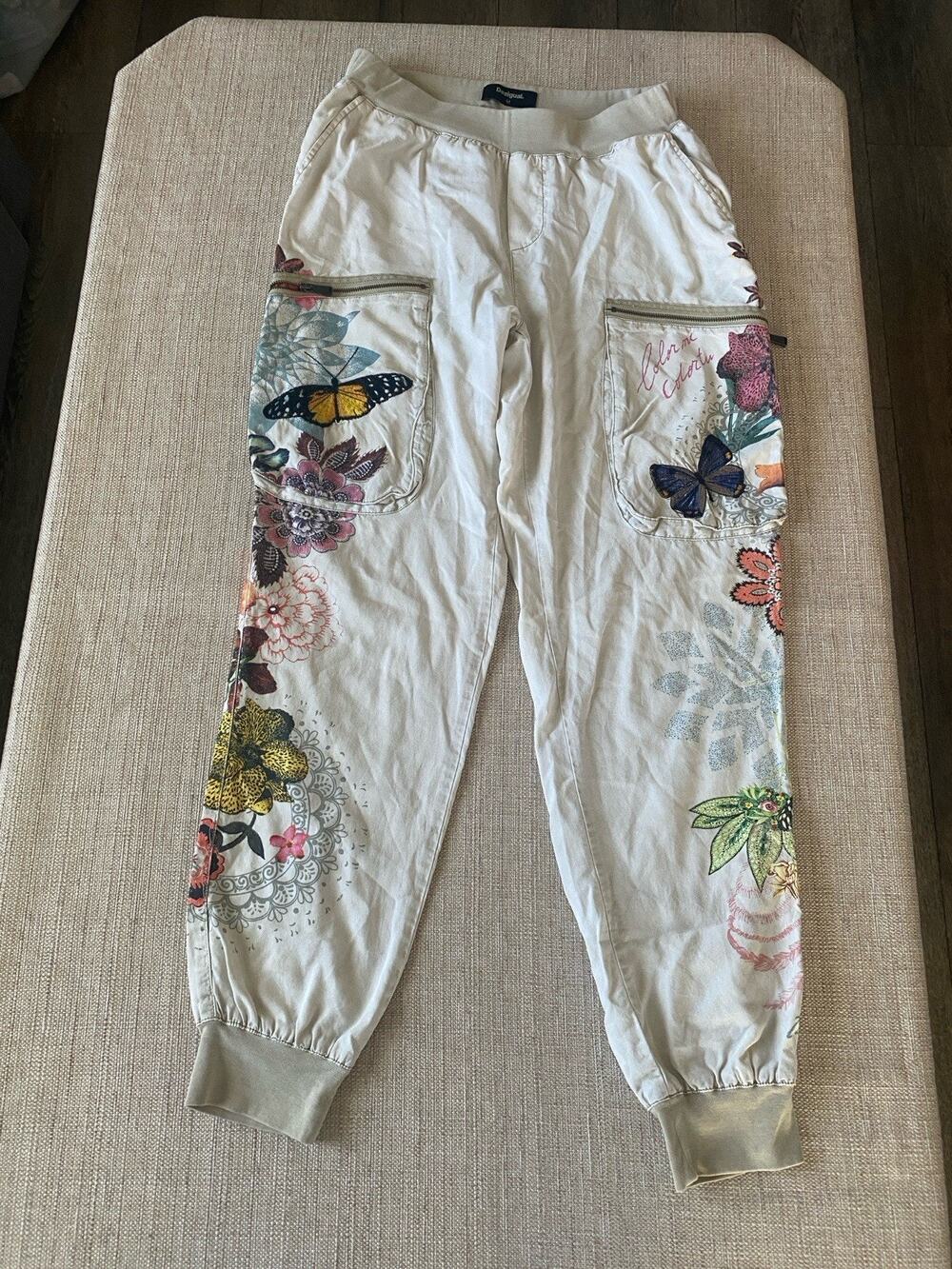 Desigual Womens Jogger Pants Size Medium M White Floral Butterfly Flawed
